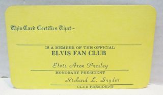 Elvis Presley Member Of Official Elvis Fan Club Membership Card Vintage