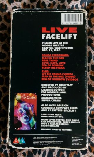 Alice In Chains - Live Facelift VHS Tape,  Concert @ Moore Theater 1990,  Sony 2