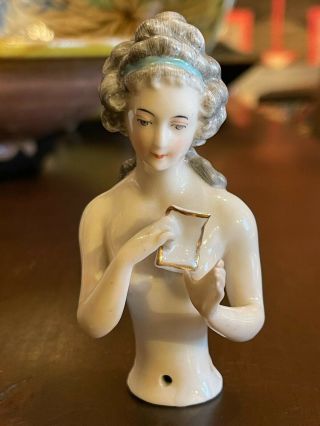 Antique German 3 1/2 " Porcelain Half Doll Holding Paper Arms Away Nude