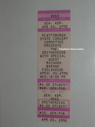 Smithereens / Richard Barone 1990 Concert Ticket Plattsburgh Suny Fieldhouse