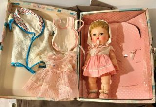Vintage American Character Tiny Tears Doll In Case W/ Clothes 1950s