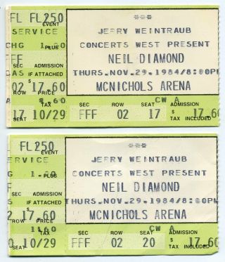 2 Neil Diamond Ticket Stubs Denver Co Nov 29,  1984 Mcnichols Arena