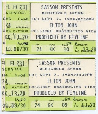 2 Elton John Ticket Stubs Denver Co Sept 7,  1984 Mcnichols Arena