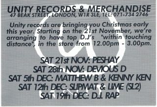 Unity Records Rave Flyer A6 Year Unknown Record Shop Merchandise London Dj Rap