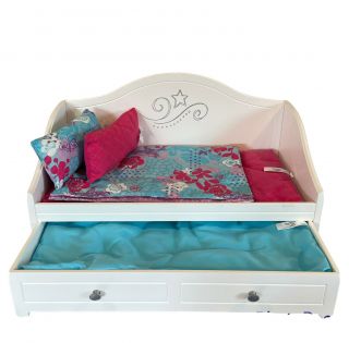 American Girl Trundle Bed And Bedding Set - Blue Pink Linens Pillows Blankets