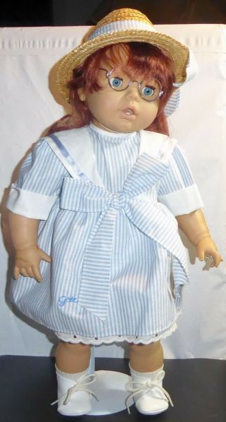 Vintage Gotz Doll Red Haired Blue Sleepy Eyed Glasses Blue & White Dress Stand