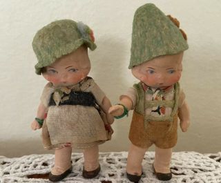 Antique German Bisque Painted Pair Boy Girl Doll Miniature 3.  5 " Clothes