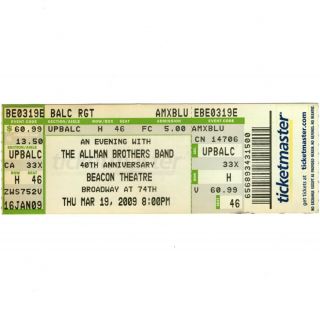 The Allman Brothers Band Full Concert Ticket Stub Nyc 3/19/09 Beacon Theatre