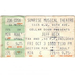 Jeff Beck & Michael Stanley Band Concert Ticket Stub Sunrise Fl 10/3/80 Wired