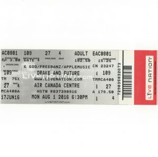 Drake & Future Concert Ticket Stub Toronto 8/1/16 Air Canada Summer Sixteen Htf