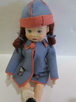 Vintage Lenci Type Felt Cloth Doll Little Girl In Blue Jacket Hat Red Hair 18 "