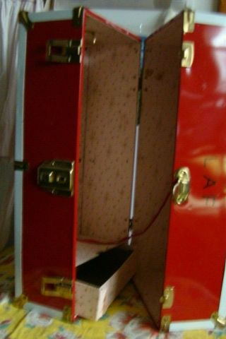 Vintage Red Metal Doll Trunk / Wardrobe For Doll Less Than 18” Euc