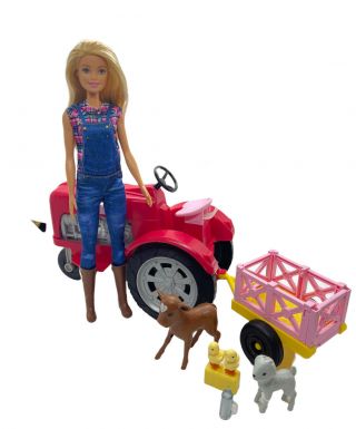 Barbie You Can Be Anything Farmer & Red Tractor Doll Set Feed The Animals