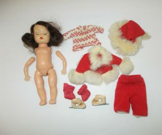 Vintage 8 " Muffie Doll No Brows,  Santa Costume,  Ice Skates,  Tagged Jersey 1950s