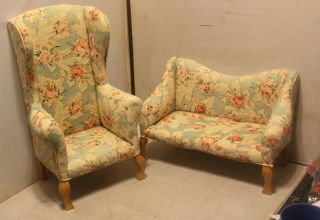 American Girl 18 " Doll Size Sofa (couch) Wingback High Back Chair Set Roses