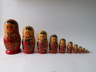 Vintage Set Of 11 Wooden Russian Nesting Dolls Largest Is 10.  5 Inches Tall