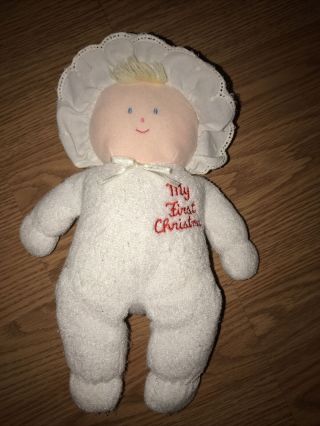 Eden My First Christmas Doll With Holly Hat Euc,  Blonde Hair,  Blue Sewn Eyes