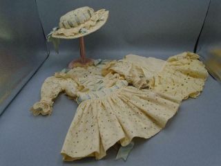 Antique Bisque Doll Beige Cotton Lawn Dress Eyelet Lace Trim Matching Hat & Slip