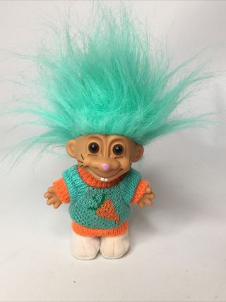 Russ Wacky Wabbit Troll Doll Carrot Sweater Aqua Blue Hair 5 "