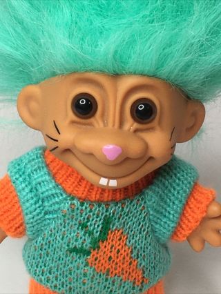 Russ WACKY WABBIT Troll Doll Carrot Sweater Aqua Blue Hair 5 