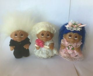 3 Norfin Dam 3” Troll Dolls Bride Groom Flower Girl White Blue Hair Vintage 1985