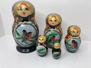 Russian Matryoshka 5 Pc Nesting Dolls Hand Painted Decor 6.  5” Winter Scene