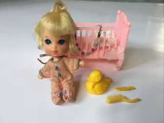 Vintage Liddle Kiddles Little Diddle Doll,  Crib,  Pillow,  Duck,  Brush,  Comb 1965
