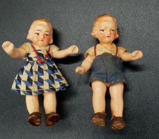 Antique Bisque German Dollhouse Dolls Molded Hair Hertwig? Twins As - Is