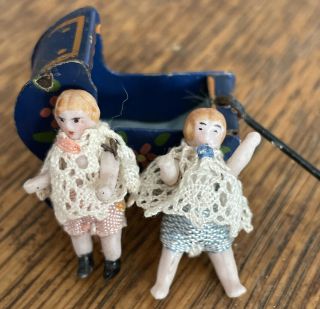 2 X Antique Miniature Bisque Dolls Girl I Inch Tall Dolls Pram Germany
