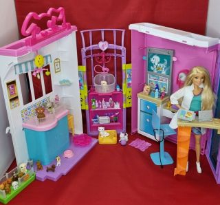 Barbie Pet Care Centre Animal Clinic Folding Play Set Vet Doll Dog Bundle
