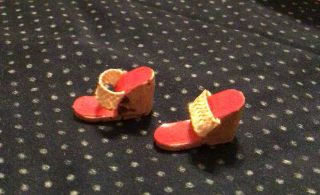 Vintage Barbie Doll Cream Woven Straw Red Cork Wedge Shoes Sandals Picnic Set