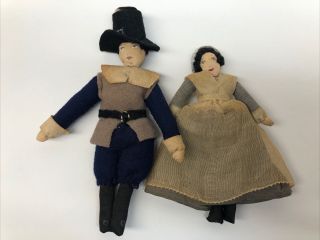 6” Vintage Antique Handmade Cloth 1950’s Pilgrim Dolls Couple Massachusetts O8