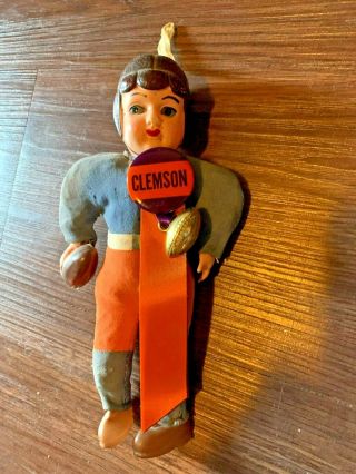 Vintage 1940s - 50s Clemson Tigers College Football Celluloid Toy Doll & Pinback