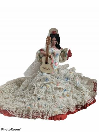 Vintage Marin Chiclana Flamenco Doll Made In Spain White & Red Dress With Guitar