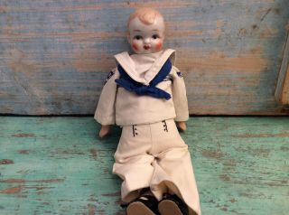 Vintage 11 " China Head Boy Doll,  Blonde Hair,  Blue Eyes Dressed As Sailor