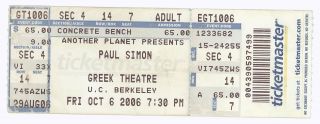 Paul Simon 10/6/06 Berkeley Ca Greek Theatre Concert Ticket And Garfunkel &