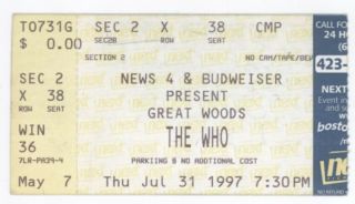 Rare The Who 7/31/97 Mansfield Ma Great Woods Concert Ticket Stub Boston