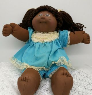 1982? Cabbage Patch Kids 16” Black African American Girl Doll In Cpk Blue Dress
