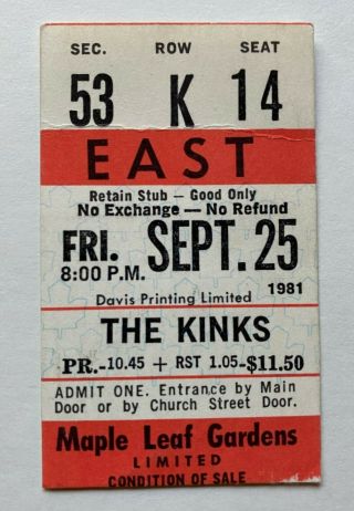 The Kinks Concert Ticket Stub - Toronto 1981 - Maple Leaf Gardens