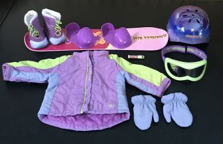 American Girl Snowboard Set,  Helmet,  Jacket,  Goggles,  Boots,  Mittens,  Chapstick