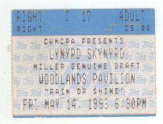 Rare Lynyrd Skynyrd 5/14/93 Houston Tx The Woodlands Pavilion Ticket Stub
