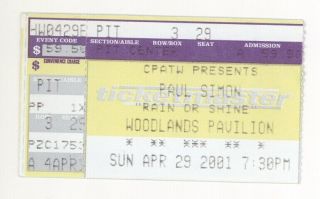 Paul Simon Willy Porter 4/29/01 The Woodlands Tx Concert Ticket Stub Houston