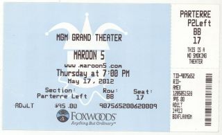 Rare Maroon 5 5/17/12 Foxwoods Casino Big Concert Ticket