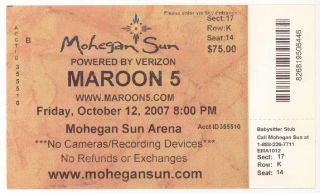 Rare Maroon 5 10/12/07 Mohegan Sun Casino Big Concert Ticket
