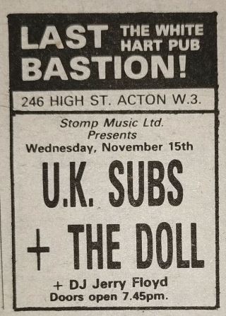 U.  K.  Subs - Vintage Gig Advert - White Hart Pub - 15/11/1978 - The Doll
