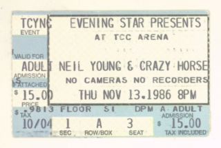 Rare Neil Young & Crazy Horse 11/13/86 Tucson Az Convention Center Ticket Stub