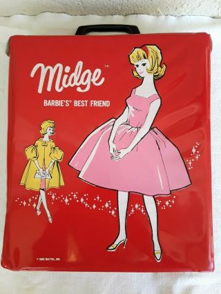 Vintage 1963 Barbie ' s Best Friend Midge Red DOLL CASE EUC No Spits Plus Hangers 2