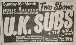 U.  K.  Subs - Vintage Gig Advert - Camden Music Machine - 16/3/1986