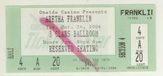 Rare Aretha Franklin 10/24/06 Green Bay Wi Oneida Casino 3 Clans Ticket Stub
