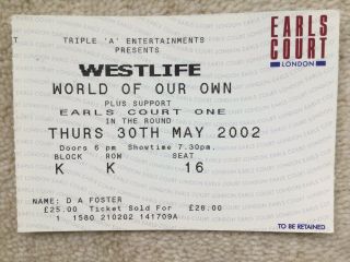 Westlife,  World Of Our Own Tour.  Ticket Stub 2002.